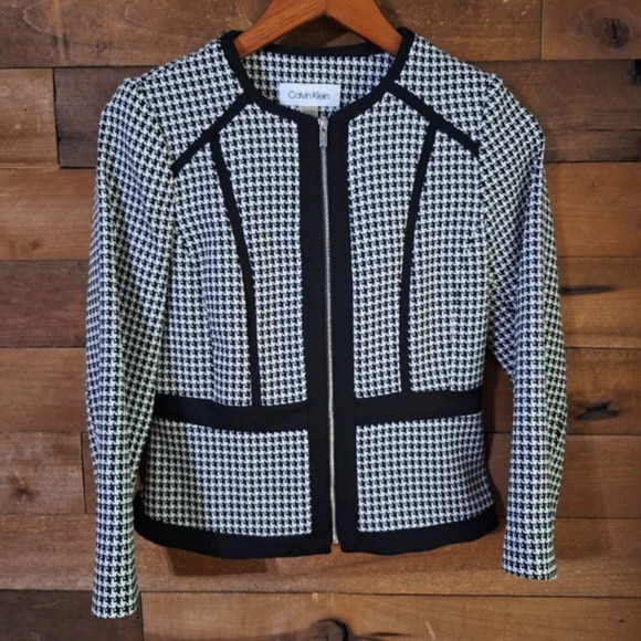 CALVIN KLEIN Black & White Houndstooth Zip Up Jacket 6P - Picture 2 of 10